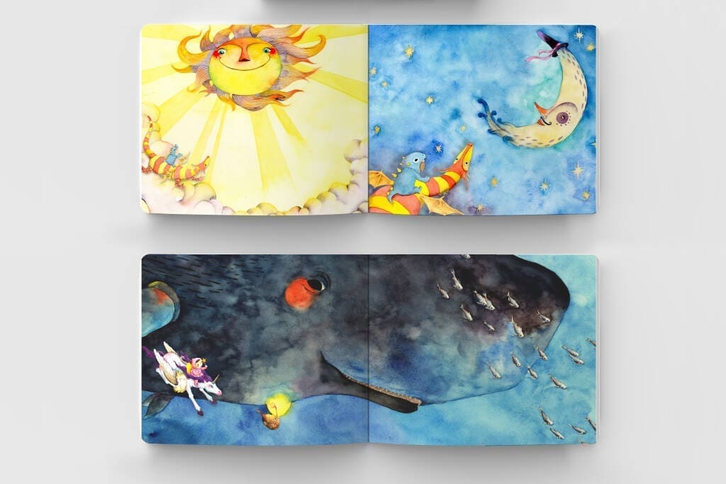 Mystellabeautifulworldmock | my stellaマイステラブログ|子どもの好きが育つヒントと親子の時間 MY STELLAの絵本「ようこそうつくしいせかいへ」のモックアップ。子どもたちが主人公となる、美しく幻想的な世界を描いたパーソナライズ絵本。