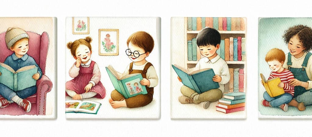 Readingsequencecollage | my stellaマイステラブログ|子どもの好きが育つヒントと親子の時間 成長と共に変化する読み方の変化。左から:一人で絵を見る幼児期、親子で読み聞かせを楽しむ学童期、自分で読書を楽しむ高学年期