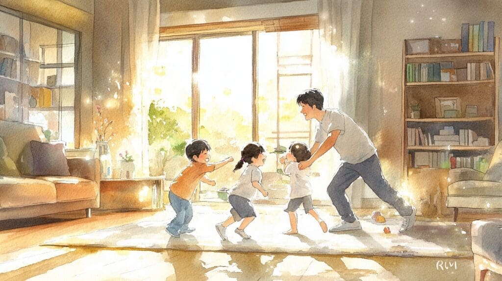 現代のリビングで忍者ごっこを楽しむ親子の水彩イラスト