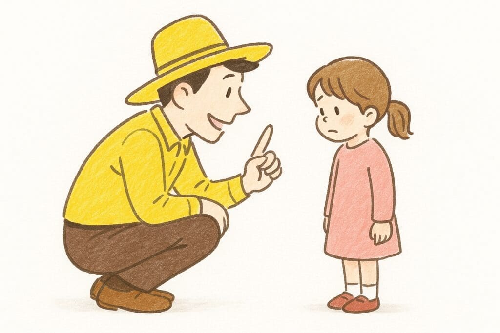 信頼関係を育てる親子の対話シーン|黄色い帽子のおじさん式育児 | my stellaマイステラブログ|子どもの好きが育つヒントと親子の時間 子どもの目線にしゃがんで優しく話しかける黄色い帽子の親