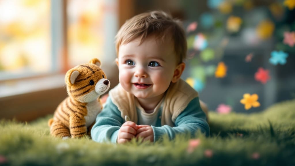 赤ちゃんのはじめての探し絵本に | my stellaマイステラブログ|子どもの好きが育つヒントと親子の時間 虎のぬいぐるみと微笑む赤ちゃん