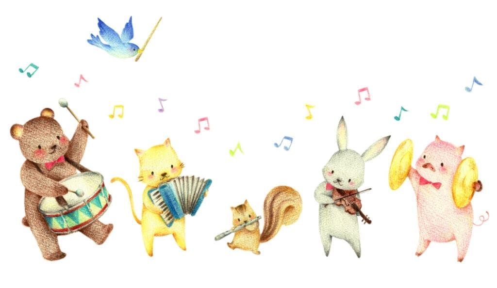 くまやうさぎたちが楽器を演奏する、誕生日を祝う楽しいイラスト