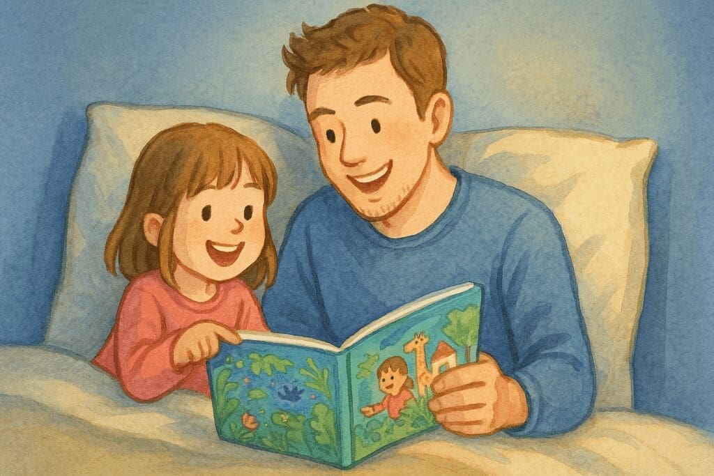 親子で『さがして！みつけて？ふしぎなせかいりょこう』を楽しむ様子