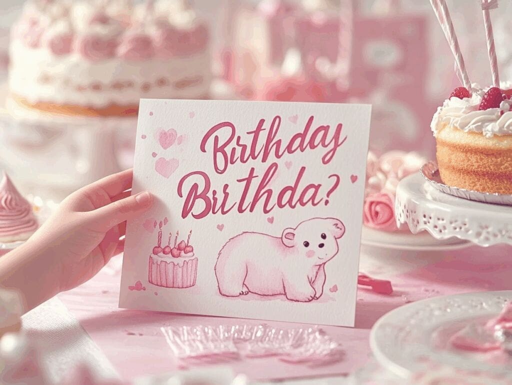 ピンクのくまが描かれたバースデーカードとケーキのある誕生日テーブル