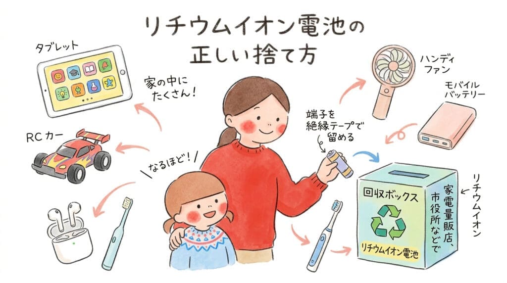 リチウムイオン電池の正しい捨て方を親子で学ぶイラスト。タブレットやラジコンなど身近な製品と回収ボックスを描いた子育て世帯向けガイド