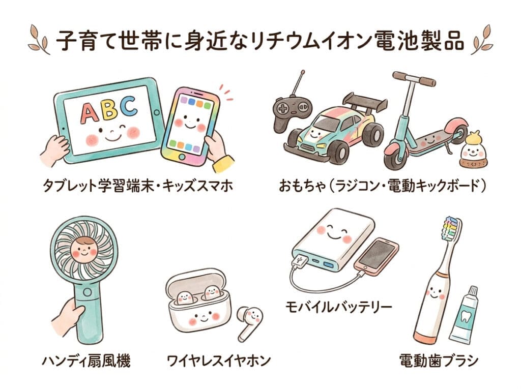 子育て世帯に身近なリチウムイオン電池製品6種類：タブレット学習端末・キッズスマホ、おもちゃ（ラジコン・電動キックボード）、ハンディ扇風機、ワイヤレスイヤホン、モバイルバッテリー、電動歯ブラシ