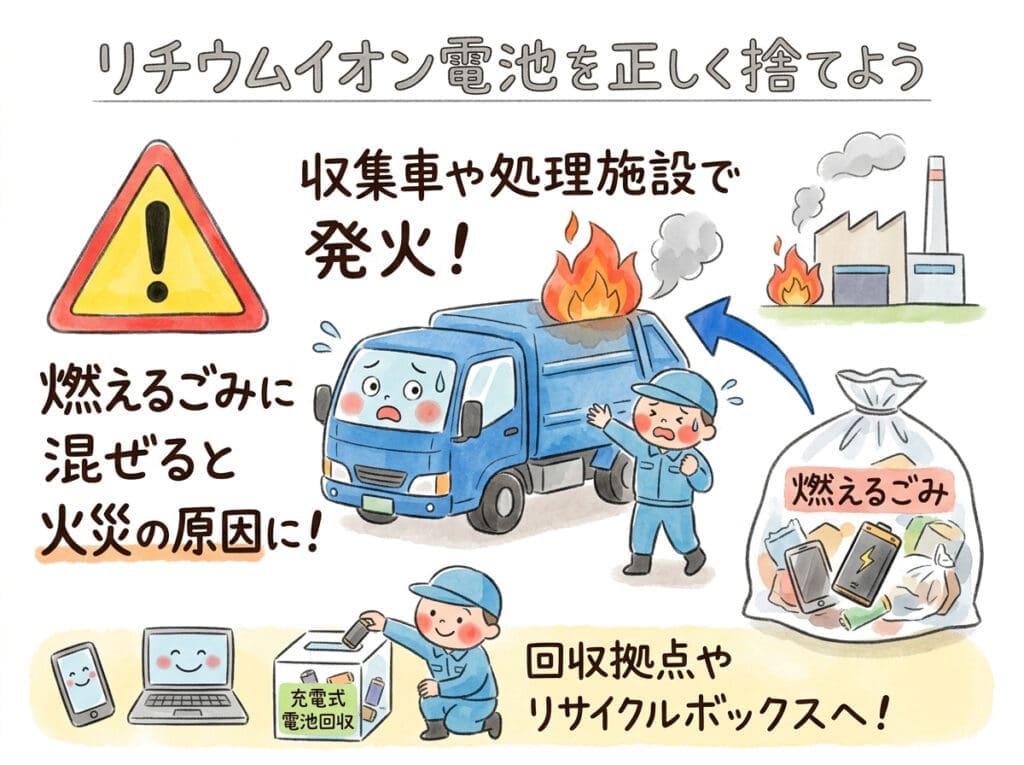 リチウムイオン電池を燃えるごみに混ぜた結果、ごみ収集車や処理施設で発火する危険性を示した警告イラスト