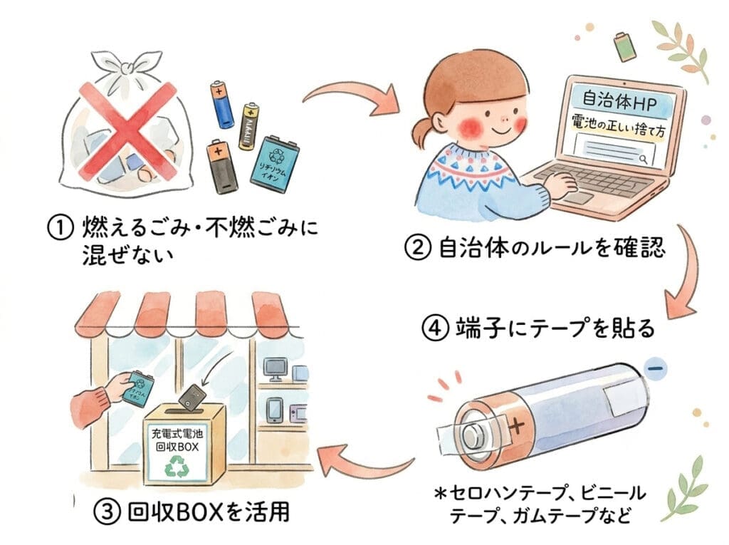 リチウムイオン電池の正しい捨て方4ステップ：①燃えるごみに混ぜない②自治体のルールを確認③回収BOXを活用④端子にテープを貼って絶縁