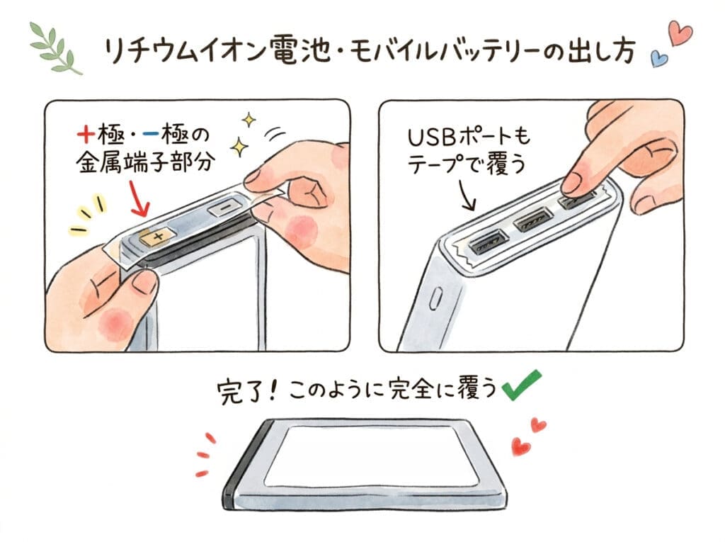 モバイルバッテリーの絶縁処理方法：＋極・−極の金属端子部分とUSBポートにテープを貼って完全に覆う手順を図解