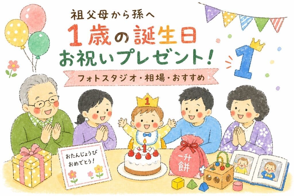 祖父母から孫へ1歳の誕生日プレゼントを祝う家族のイラスト（ケーキ・一升餅・記念写真）