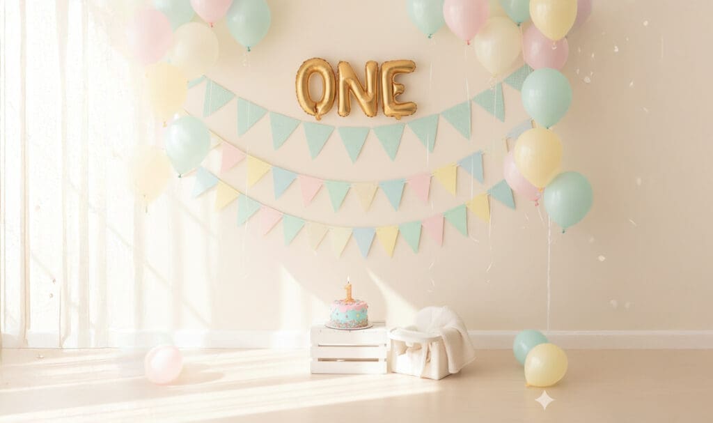 Photo booth decorated for the first birthday