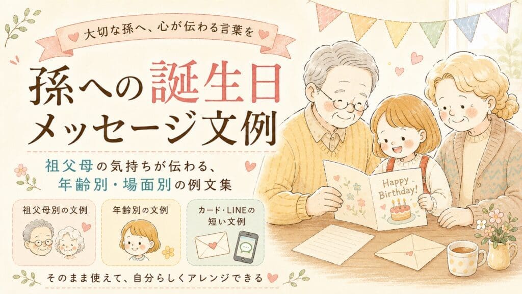 祖父母と孫が一緒に誕生日カードを読んでいるイラスト。孫への誕生日メッセージ文例、年齢別・場面別の例文集