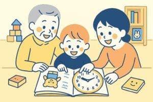 Illustration of parents, children, and grandparents opening a picture book and having fun learning about clocks while pointing at an analog clock