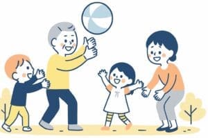 Illustration of grandparents and grandchildren playing with a ball. Family drawings with a simple and gentle touch.