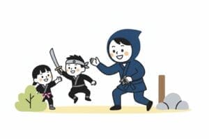 Parents and children dressed in blue and black ninja costumes playing with swords and shurikens