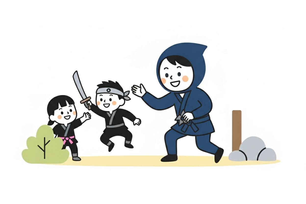 Parents and children dressed in blue and black ninja costumes playing with swords and shurikens