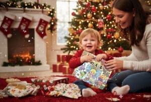 A toddler smiling broadly in front of a Christmas tree with his mother opening a picture book.