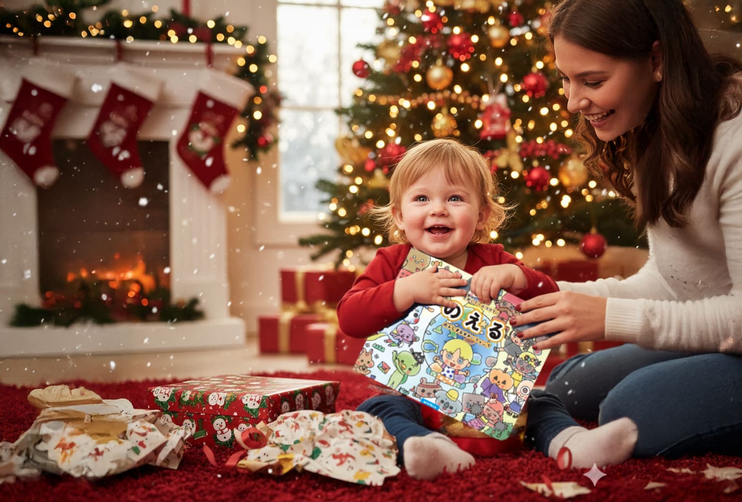 A toddler smiling broadly in front of a Christmas tree with his mother opening a picture book.