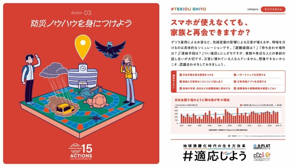 Action 03 of the "#適応しよう" campaign "Let's acquire disaster prevention know-how". Illustration of a family confirming the evacuation site. Adaptive actions implemented by MY STELLA in the formulation of BCPs.