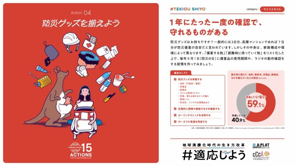 Action 04 of the "#適応しよう" campaign "Let's stock up on disaster prevention goods". Illustration of disaster prevention supplies. Adaptive actions to show preparedness for the era of climate change.