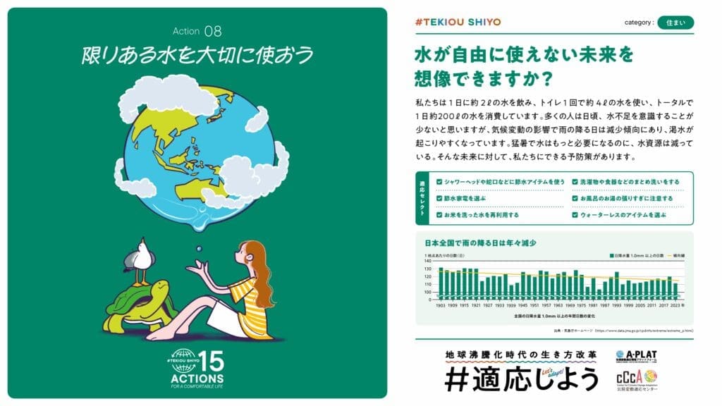 Action 08 of the "#適応しよう" campaign "Let's use limited water carefully". Illustration to protect the earth and water resources. MY STELLA's adaptive actions with environmentally friendly materials.