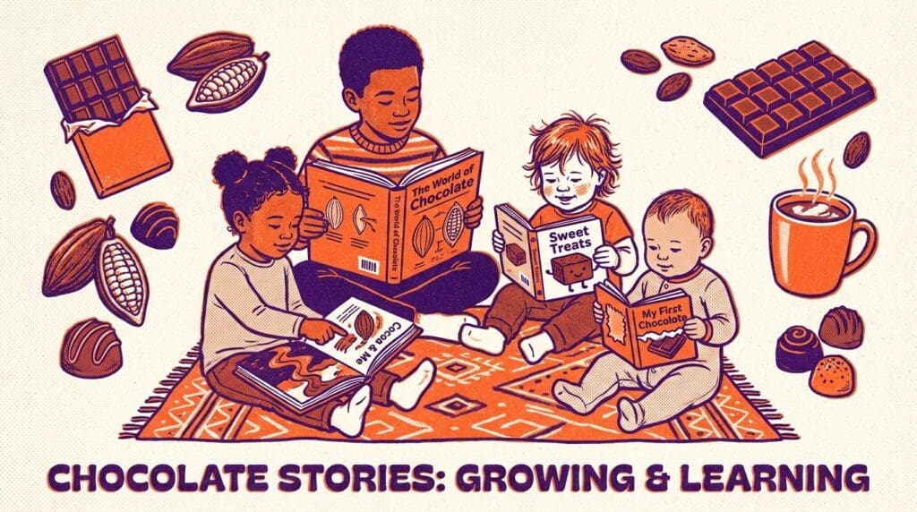 年齢の異なる子どもたちがチョコレート絵本を読んでいるイラスト。カカオやチョコレートのモチーフが描かれた年齢別ガイド用画像