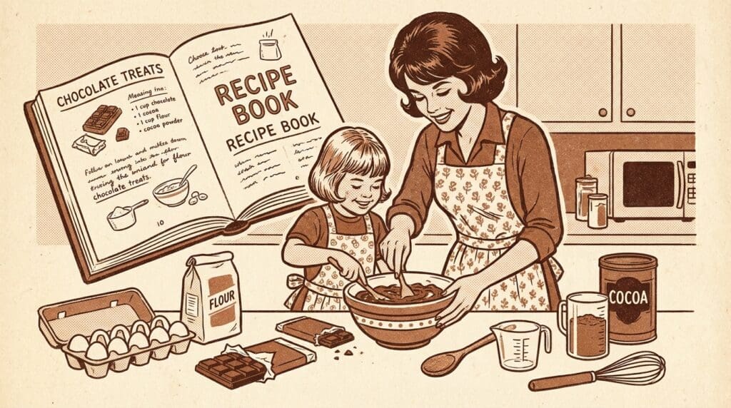チョコレートのレシピ絵本を見ながら、親子でお菓子作りを楽しんでいる様子のイラスト