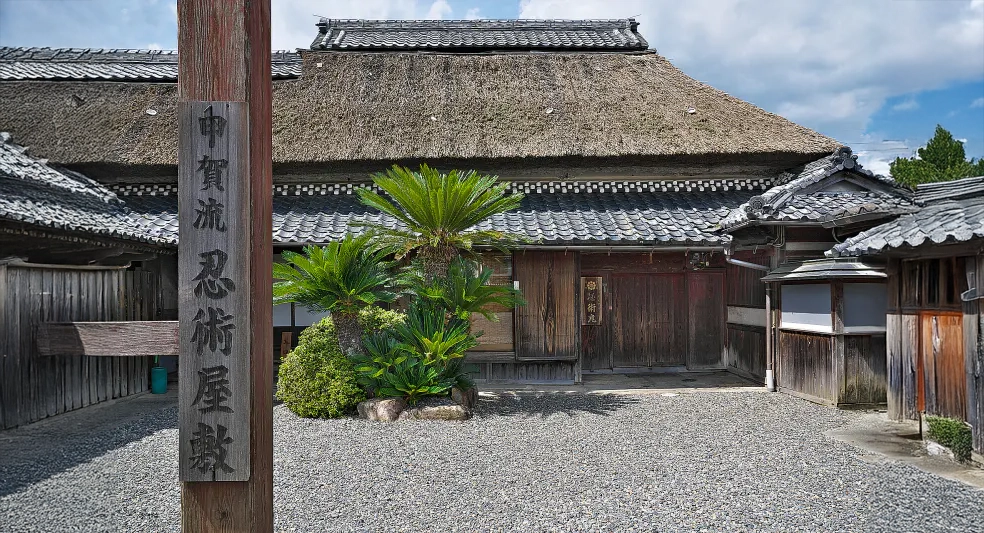 Koga-ryu-ninjutsu-yashiki-exterior 滋賀県甲賀市にある甲賀流忍術屋敷の外観。茅葺き屋根の伝統的な建物と庭、木製の「甲賀流 忍術屋敷」と書かれた看板が見える