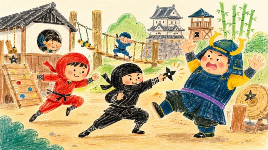 忍者衣装を着た子どもたちが、忍者テーマパークで手裏剣やアスレチックに挑戦しているイラスト