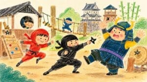 忍者衣装を着た子どもたちが、忍者テーマパークで手裏剣やアスレチックに挑戦しているイラスト