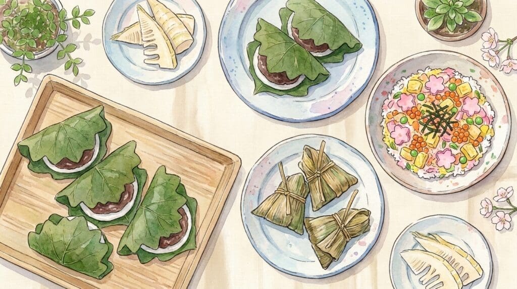 こどもの日の定番の食べ物である柏餅・ちまき・ちらし寿司・たけのこが並ぶ伝統的な食卓