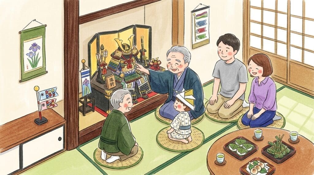 祖父母と孫が囲む五月人形、三世代で祝うこどもの日の伝統行事