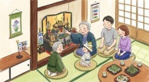 祖父母と孫が囲む五月人形、三世代で祝うこどもの日の伝統行事