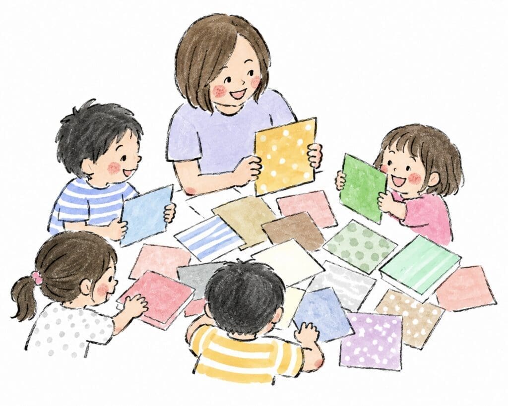 mystella-blog-kaminomihon-illust 色とりどりの紙の見本を親子で広げて楽しむ水彩風イラスト