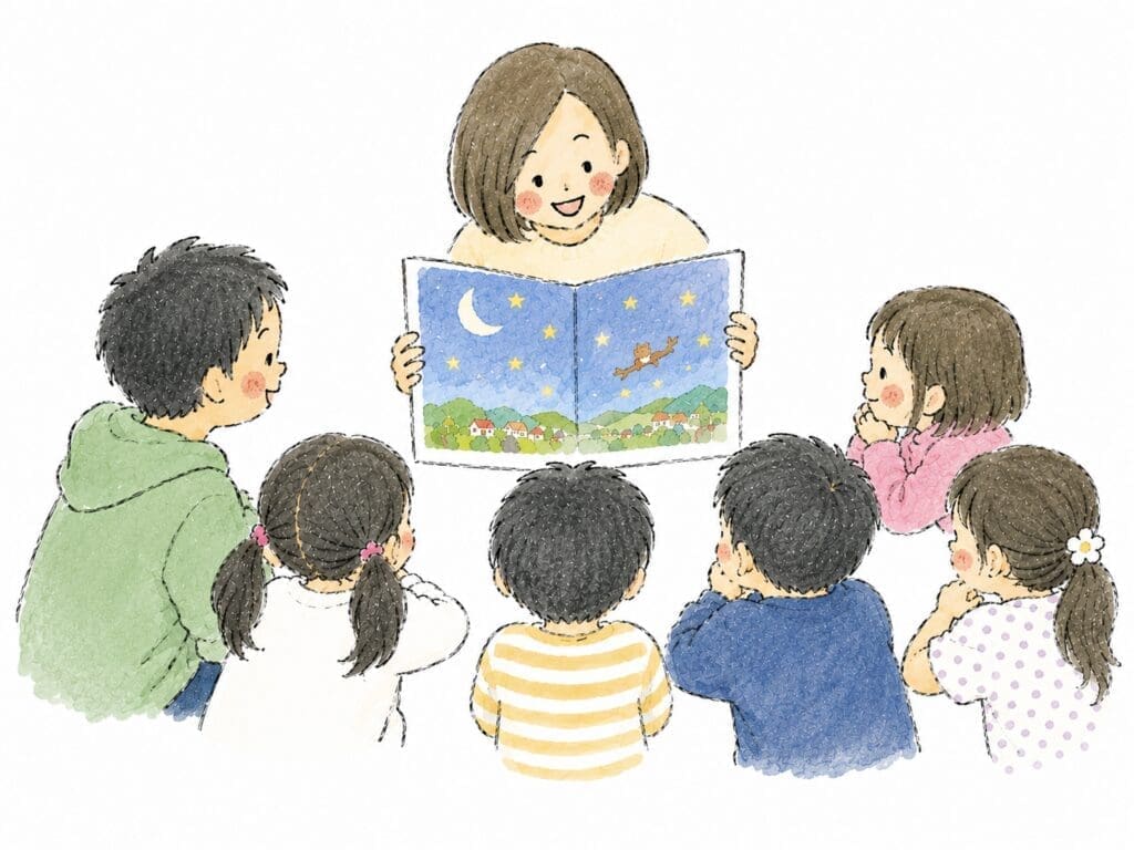 絵本の読み聞かせを聞く子どもたちを描いた水彩風イラスト