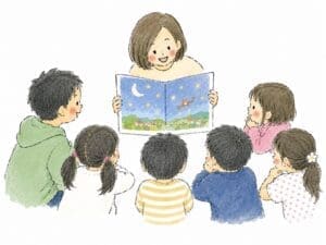 絵本の読み聞かせを聞く子どもたちを描いた水彩風イラスト