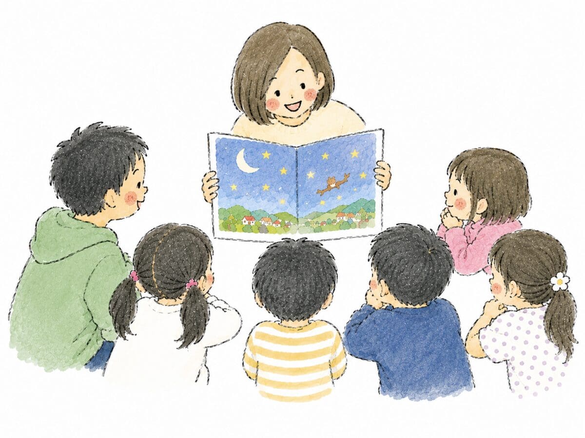 絵本の読み聞かせを聞く子どもたちを描いた水彩風イラスト