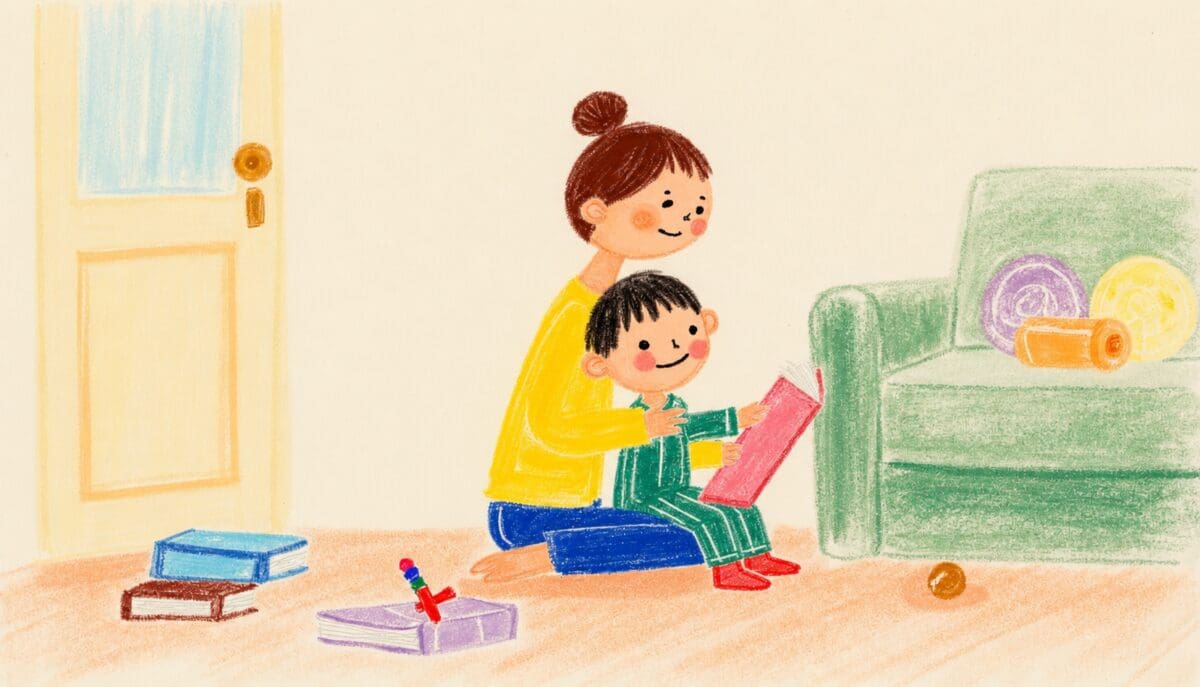 Adult and child reading a pink book together on the living-room floor, with a green sofa and scattered toys nearby.