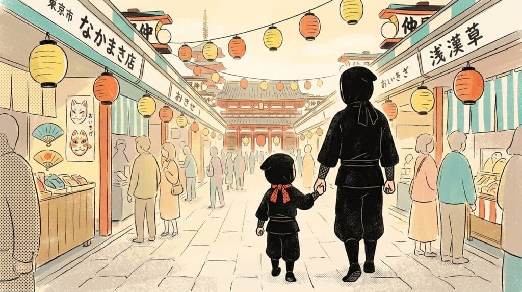 Mother and child in black clothing walk hand in hand down a bustling Japanese market street, lanterns overhead, stalls on both sides and a temple in the background.