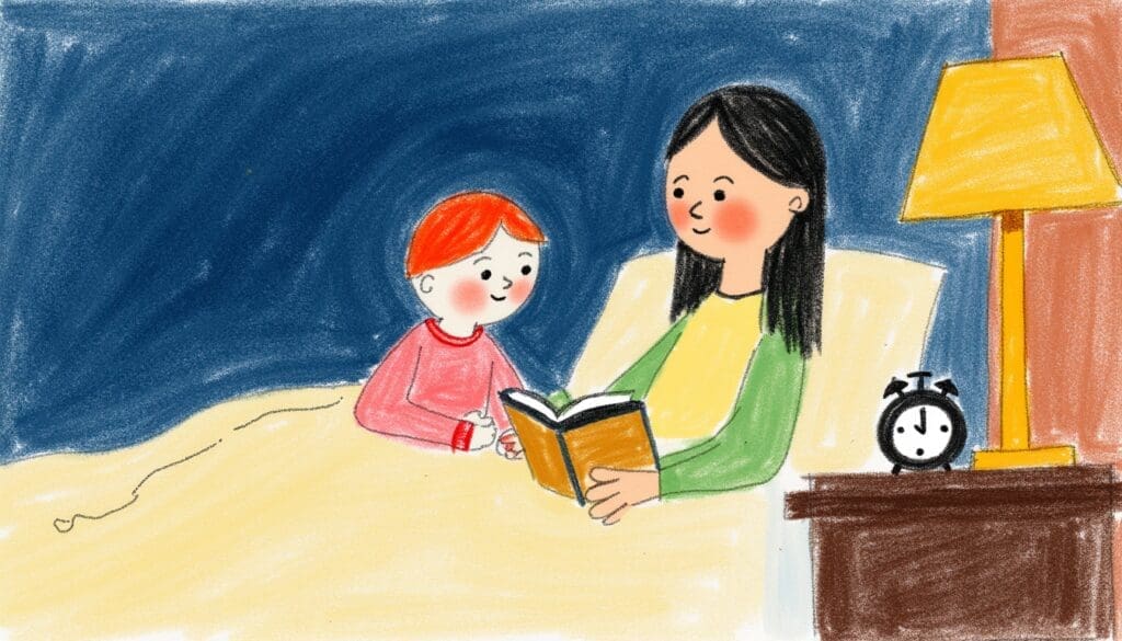 bedtime-reading-routine-for-toothbrushing-habit 寝る前に絵本を読む親子、歯みがき習慣づけの親子タイム