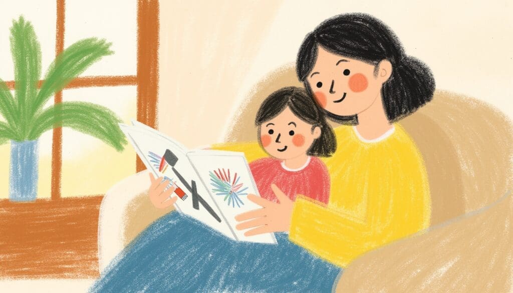 child-interested-in-toothbrushing-picture-book 絵本に夢中になる子どもと見守る母親、歯みがきへの興味が芽生える瞬間