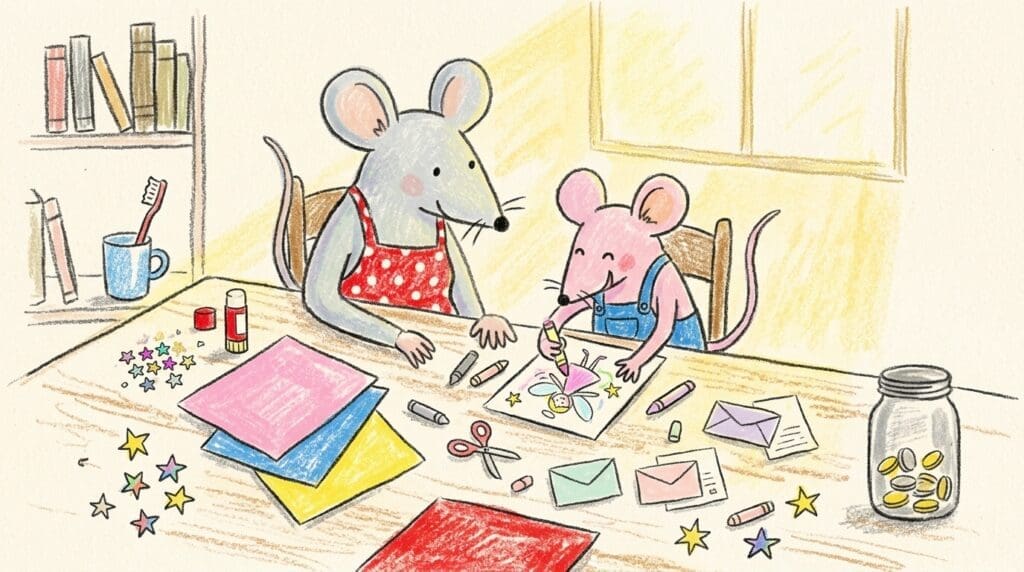リビングで母親と子どもが歯の妖精セットを手作りする様子、色画用紙や工作道具が並ぶ楽しい親子の時間