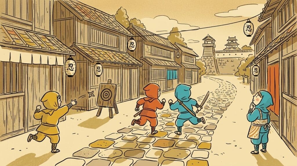 Three children in orange and blue ninja outfits race down a cobblestone street of an old town, lanterns with 忍 overhead while a observer watches from a doorway.