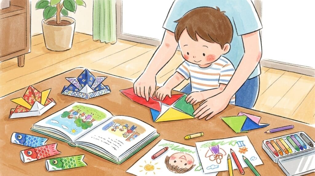 ehon-kodomo-gyoji-tanoshimu-origami-oekaki 絵本の読み聞かせ後に折り紙や絵を描いて行事を楽しむ親子の創作活動