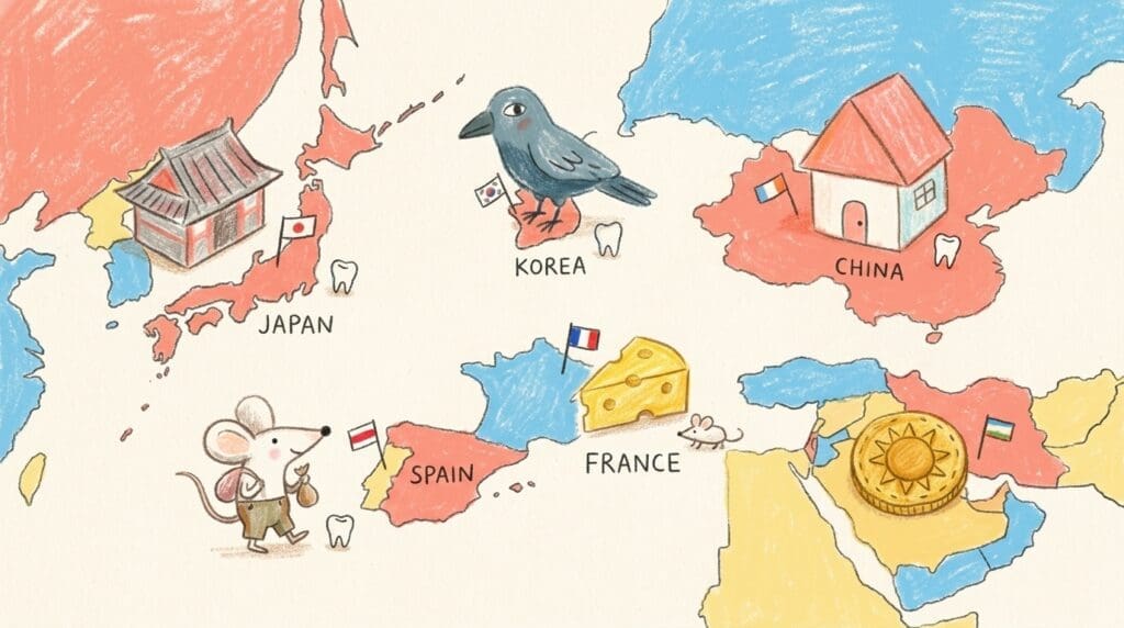世界地図の上に並ぶ日本・韓国・中国・スペイン・フランス・中東の乳歯習慣を象徴する小物と歯科にまつわるアイテム