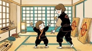 Child and instructor practicing shuriken star throwing in a dojo, smiling as they exchange stars across a mats room.