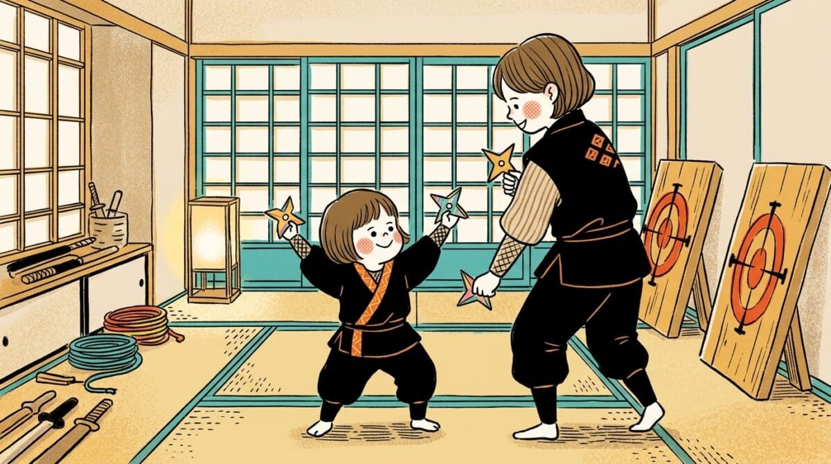 Child and instructor practicing shuriken star throwing in a dojo, smiling as they exchange stars across a mats room.