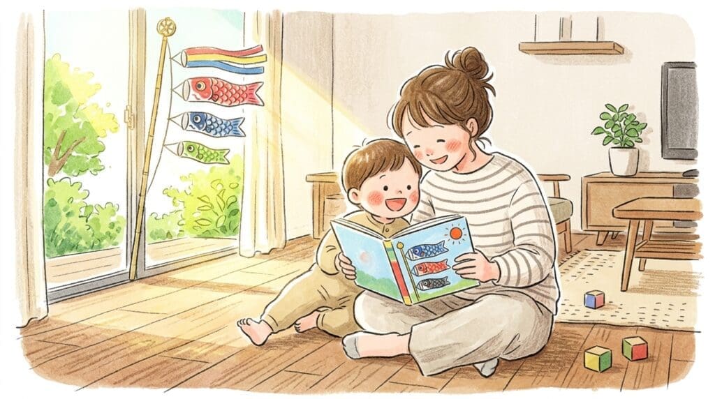 こどもの日に親子で絵本を読む様子とこいのぼり飾りのあるリビング風景
