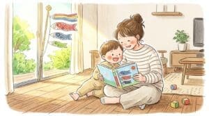 こどもの日に親子で絵本を読む様子とこいのぼり飾りのあるリビング風景