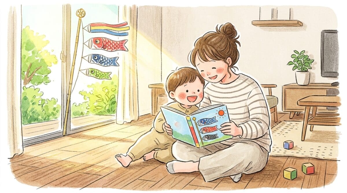 こどもの日に親子で絵本を読む様子とこいのぼり飾りのあるリビング風景